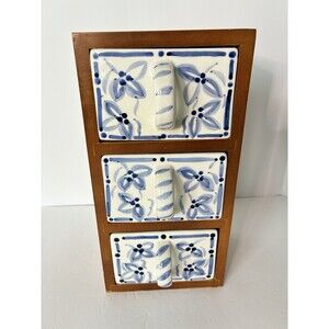 Vtg Lillian Vernon Wood Blue White Ceramic 3 Drawer Apothecary Tea Storage Chest